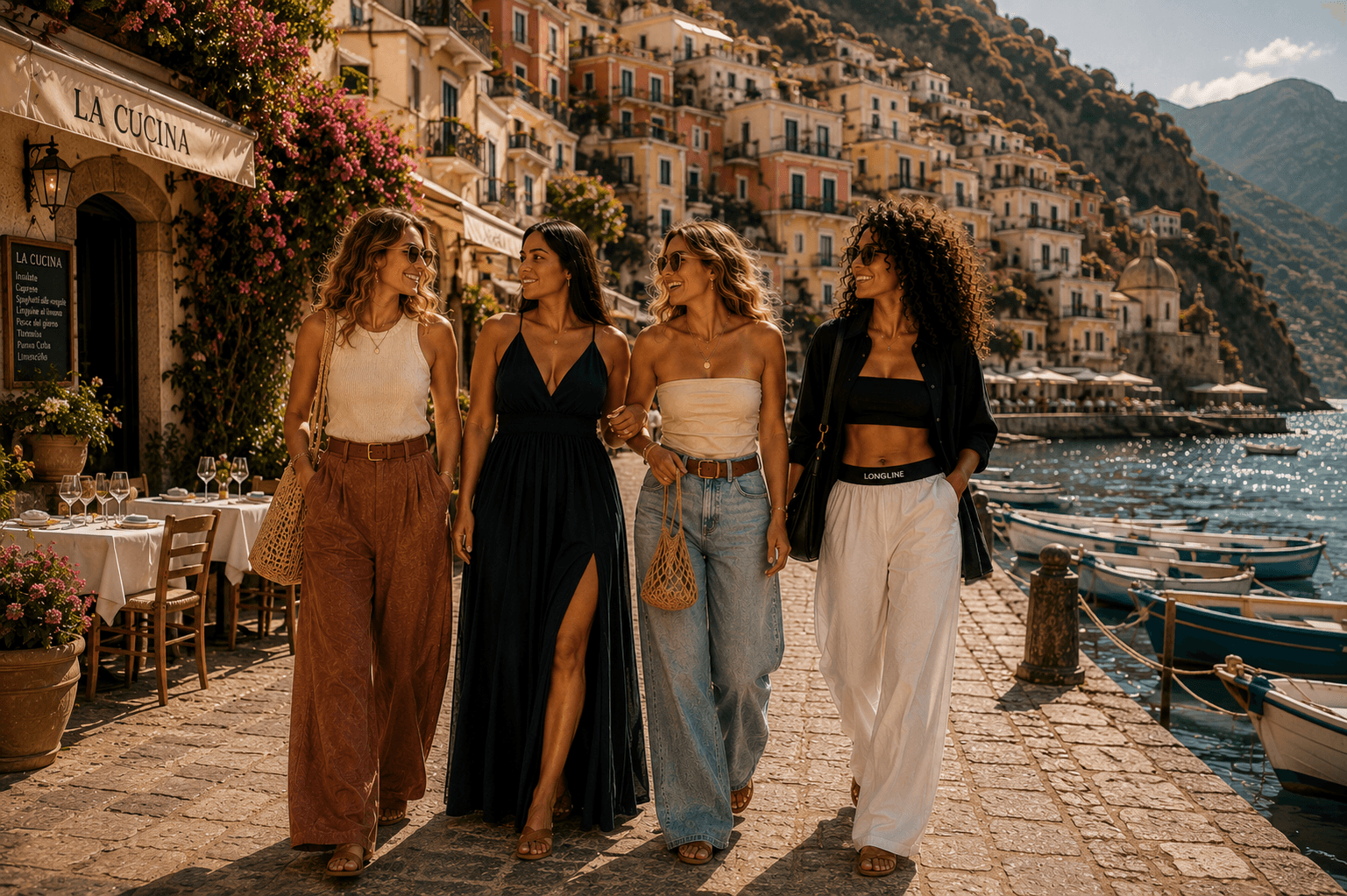 Four tall women walking along the Amalfi Coast, one wearing LongLine wide-leg pants
